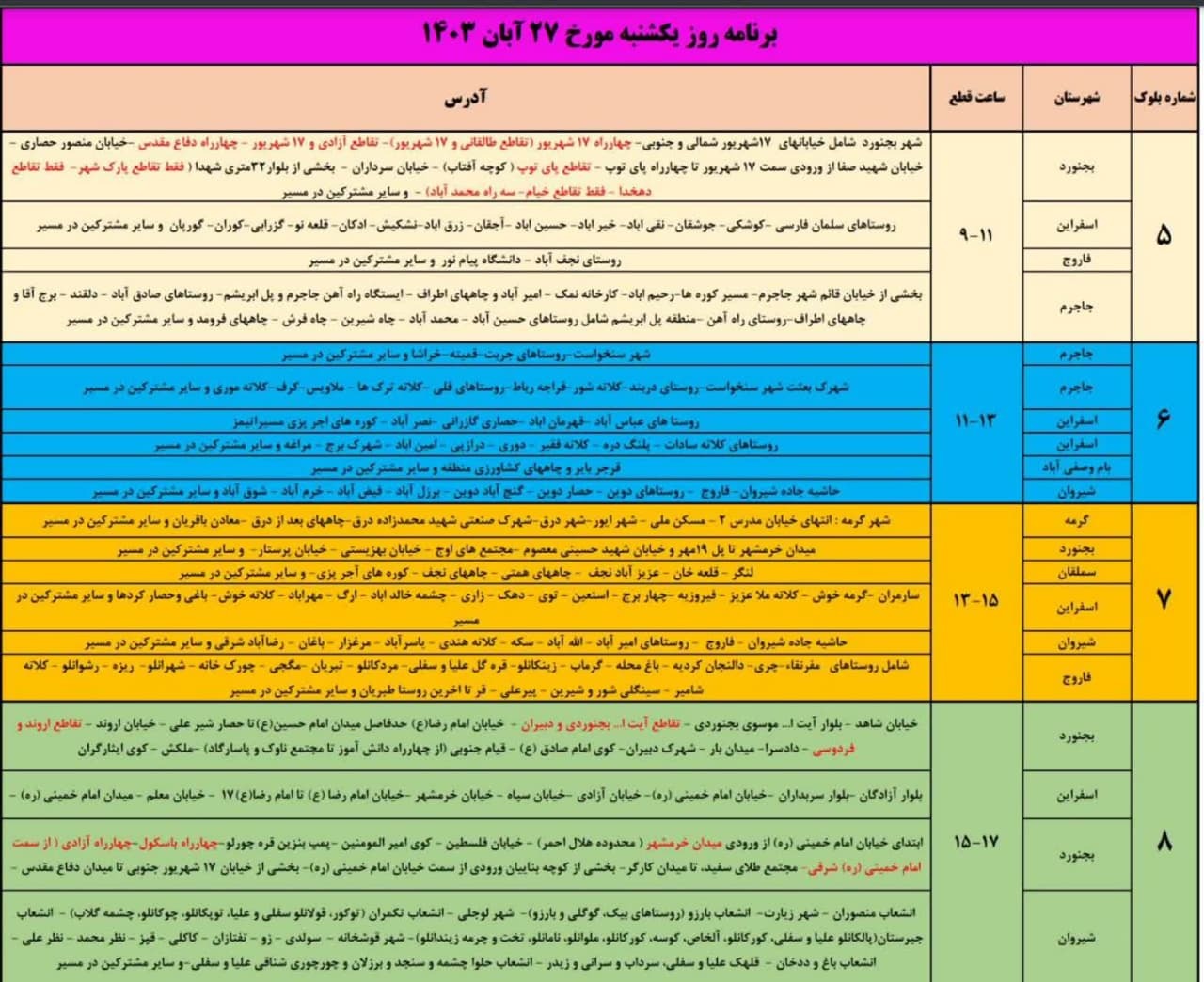 اعمال قطعی برق در خراسان شمالی از امروز